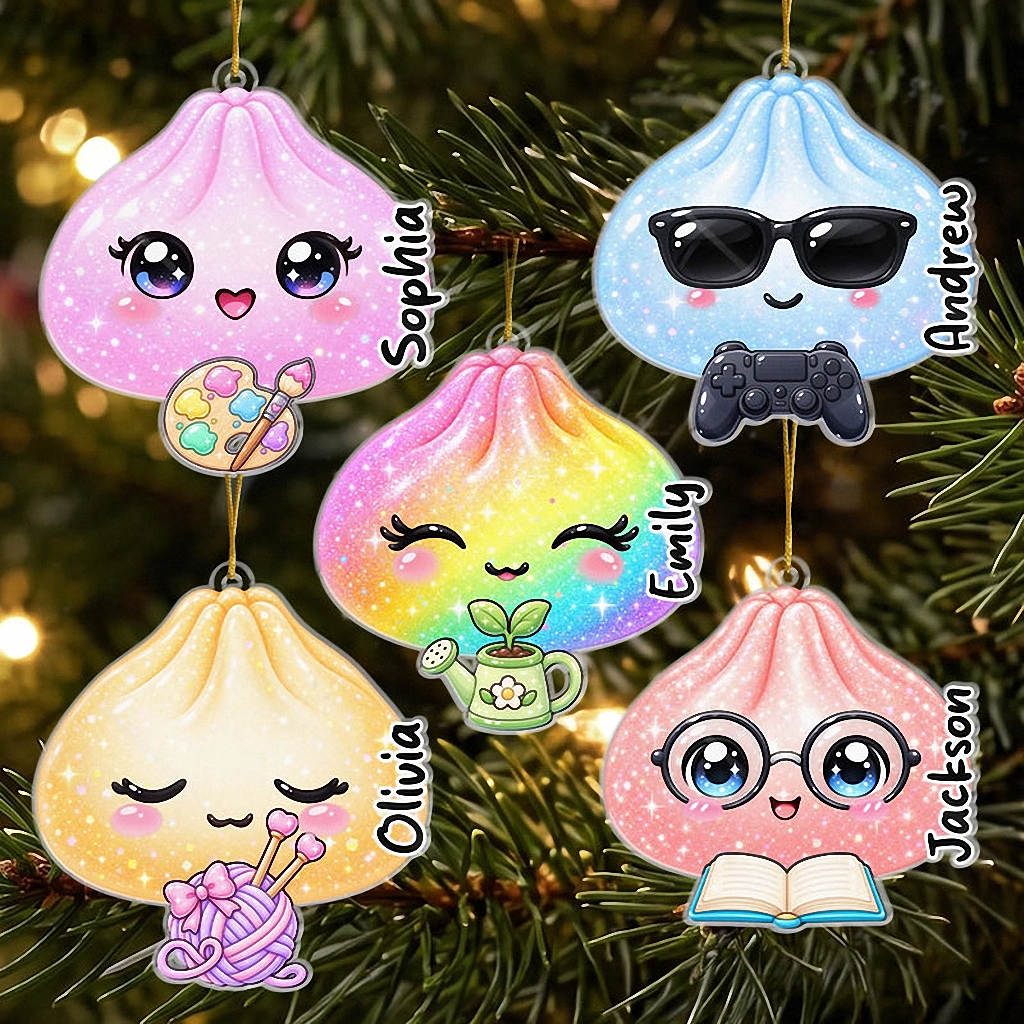 Cute Dumpling Character Christmas Ornament, Personalized Custom Name Kawaii Food Lover Gift, Festive available at our Austin, Texas warehouse