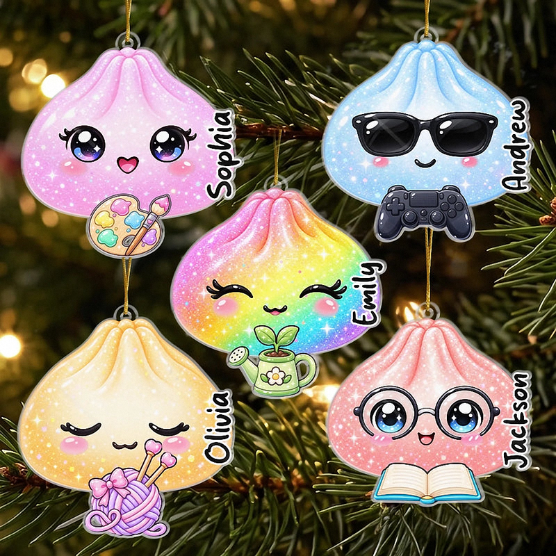 Cute Dumpling Character Christmas Ornament, Personalized Custom Name Kawaii Food Lover Gift, Festive available at our Austin, Texas warehouse