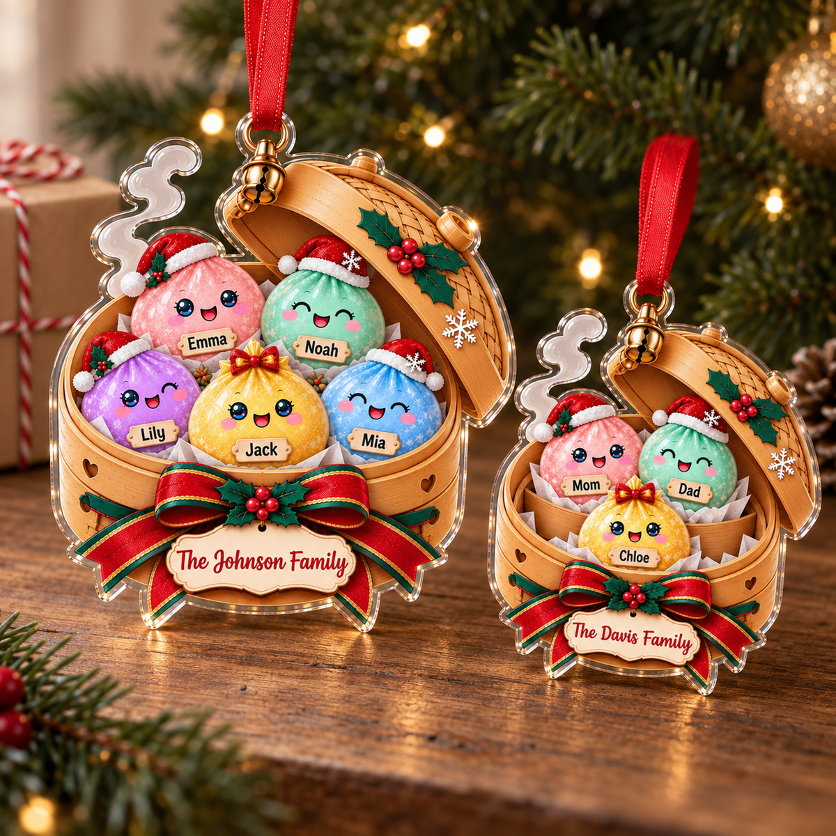 Customer in Austin, Texas wearing Cute Dumplings Family Christmas Ornament Personalized Kawaii Dim Sum Acrylic Holiday Gift