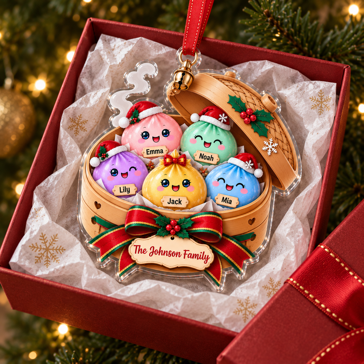 Customer in Austin, Texas wearing Cute Dumplings Family Christmas Ornament Personalized Kawaii Dim Sum Acrylic Holiday Gift