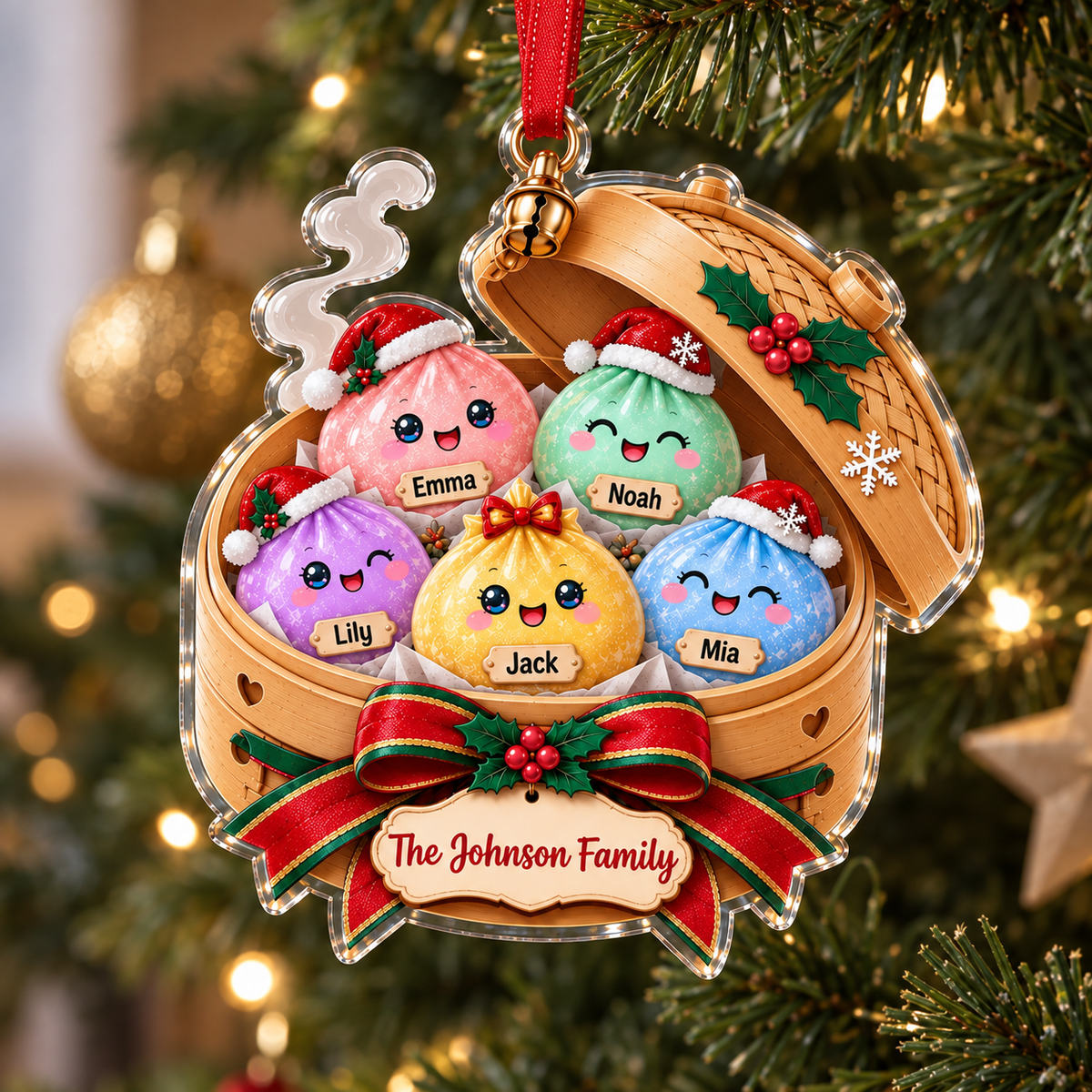 Cute Dumplings Family Christmas Ornament Personalized Kawaii Dim Sum Acrylic Holiday Gift available at our Austin, Texas warehouse