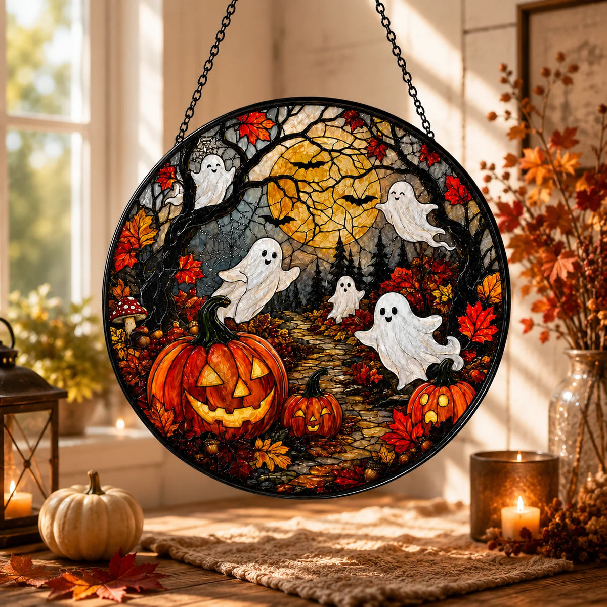 Cute Ghost and Pumpkin Halloween Stained Glass Suncatcher Fall Window Decor
