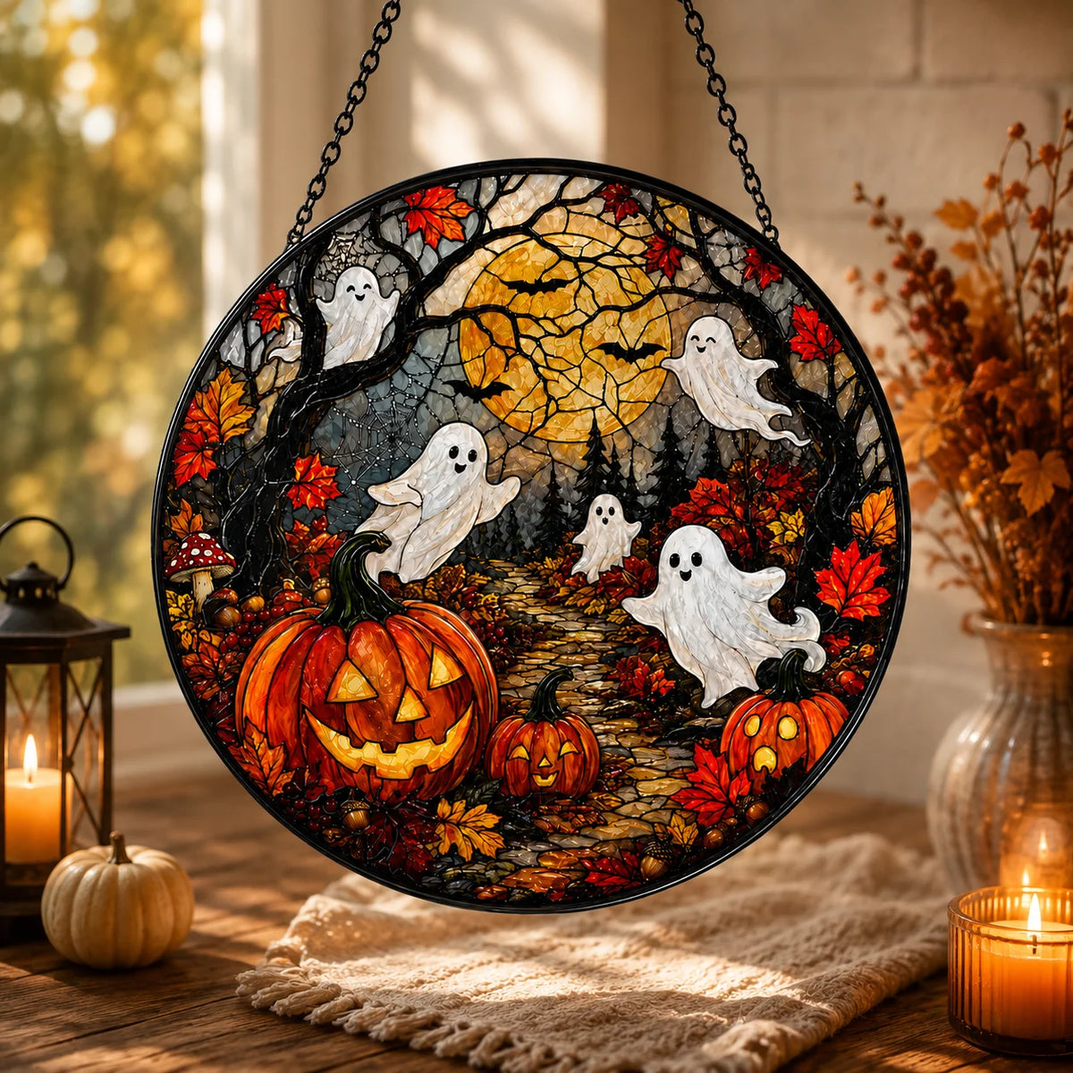 Cute Ghost and Pumpkin Halloween Stained Glass Suncatcher Fall Window Decor