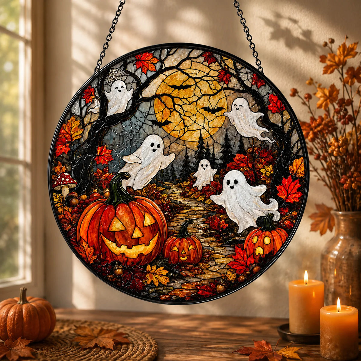 Cute Ghost and Pumpkin Halloween Stained Glass Suncatcher Fall Window Decor