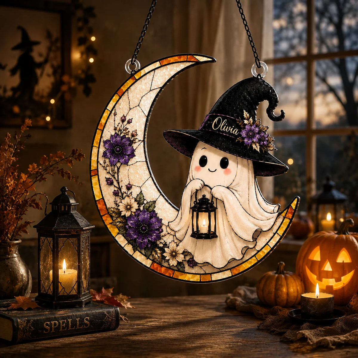 Cute Ghost Witch Crescent Moon Personalized Halloween Ornament Stained Glass Style Spooky Cute Decor