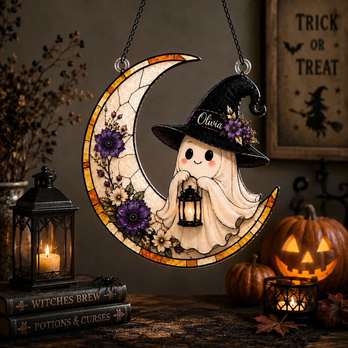 Cute Ghost Witch Crescent Moon Personalized Halloween Ornament Stained Glass Style Spooky Cute Decor