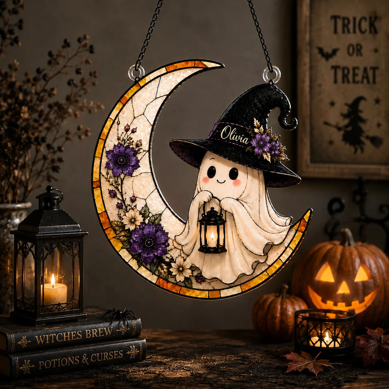 Cute Ghost Witch Crescent Moon Personalized Halloween Ornament Stained Glass Style Spooky Cute Decor