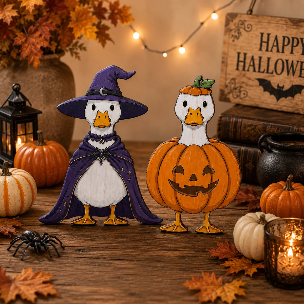 Cute Halloween Duck Wooden Figurine Set Spooky Witch Pumpkin Ghost And Mummy Tiered Tray Decor