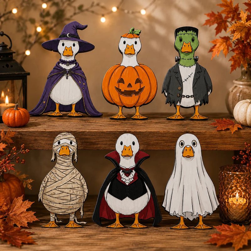 Cute Halloween Duck Wooden Figurine Set Spooky Witch Pumpkin Ghost And Mummy Tiered Tray Decor