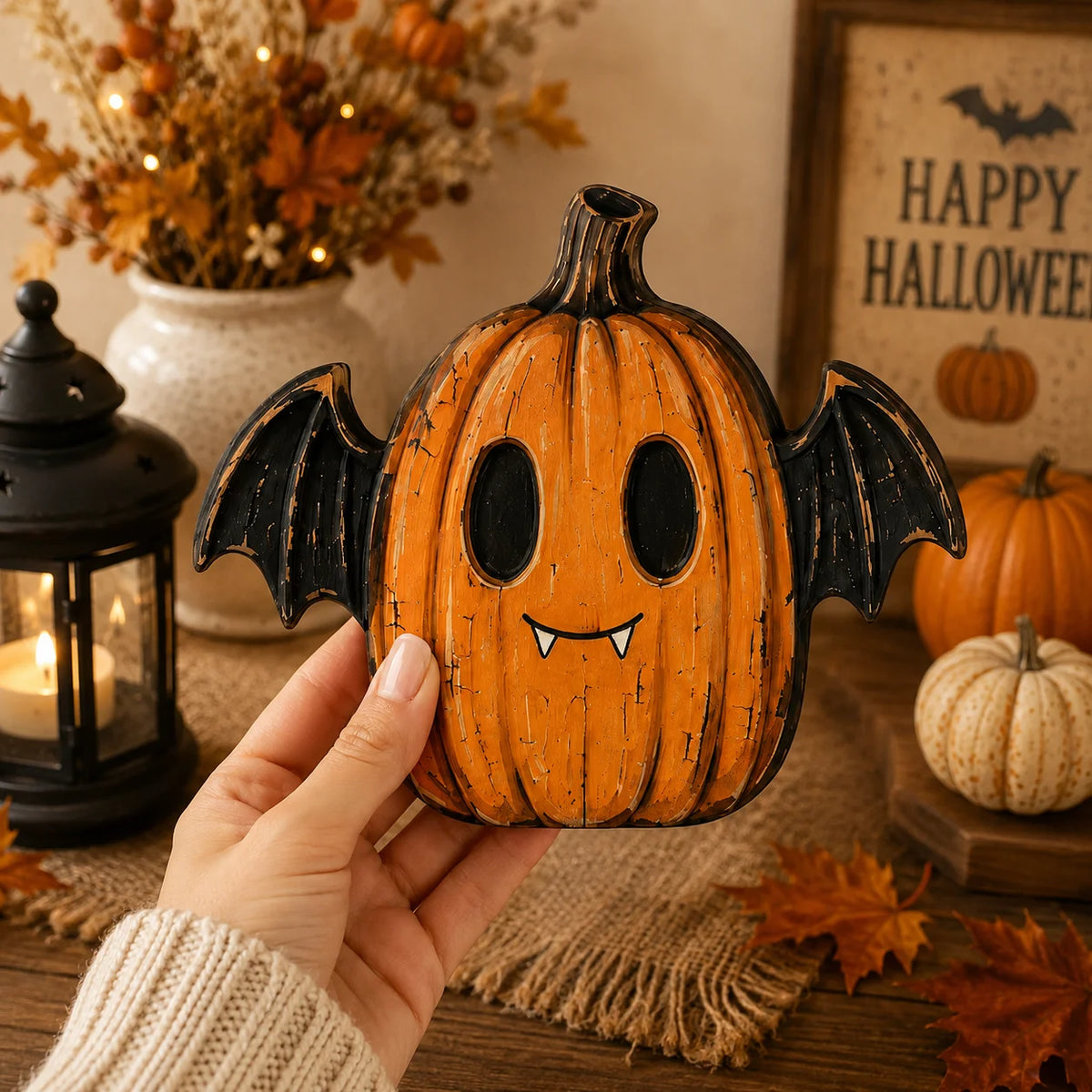 Cute Halloween Pumpkin Figurine Set for Rustic Fall Mantel and Shelf Decor