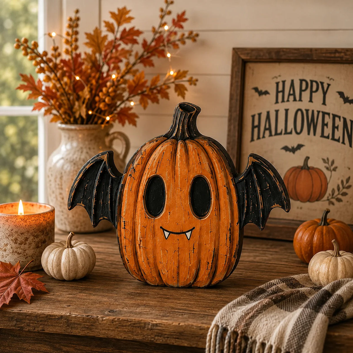 Cute Halloween Pumpkin Figurine Set for Rustic Fall Mantel and Shelf Decor