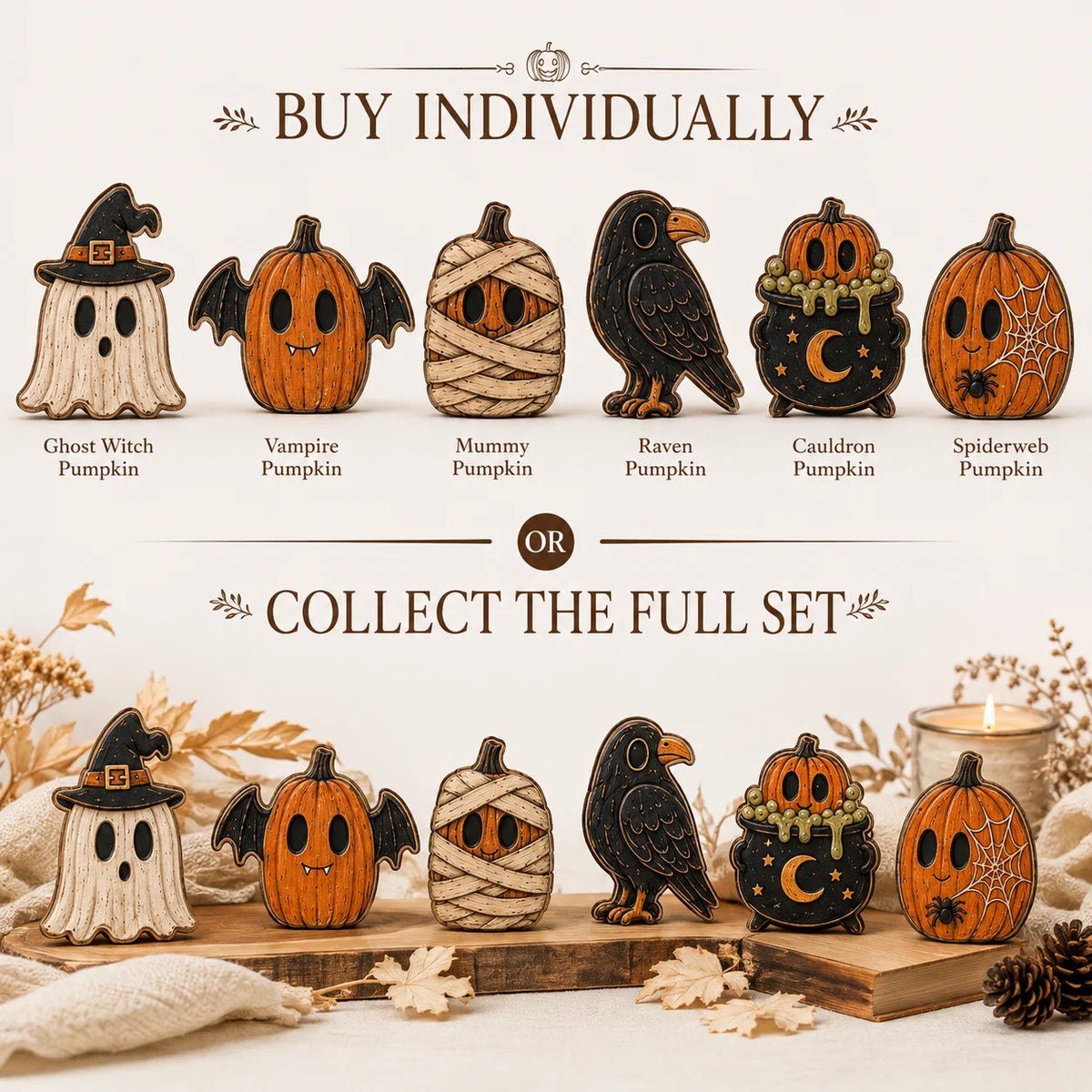 Cute Halloween Pumpkin Figurine Set for Rustic Fall Mantel and Shelf Decor