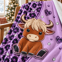 A purple sherpa plush fleece blanket featuring a cartoon highland cow and leopard print.