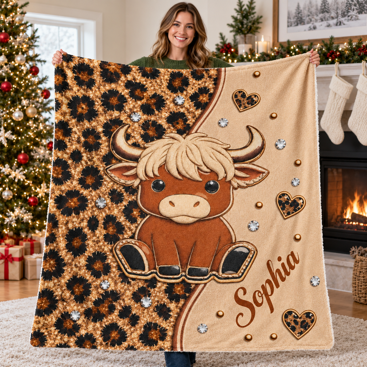 A woman holding up a brown highland cow leopard print blanket in a holiday living room.