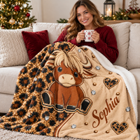 A woman sitting on a sofa with a cozy brown highland cow blanket draped over her lap.