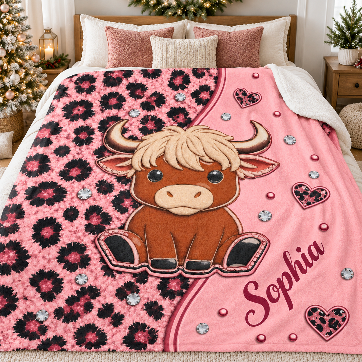 A pink highland cow blanket displayed on a made bed with holiday decor in the background.