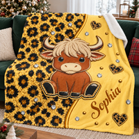 A yellow highland cow leopard print blanket draped neatly over a green sofa.
