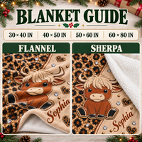 Blanket guide showing size dimensions and flannel versus sherpa fabric options.