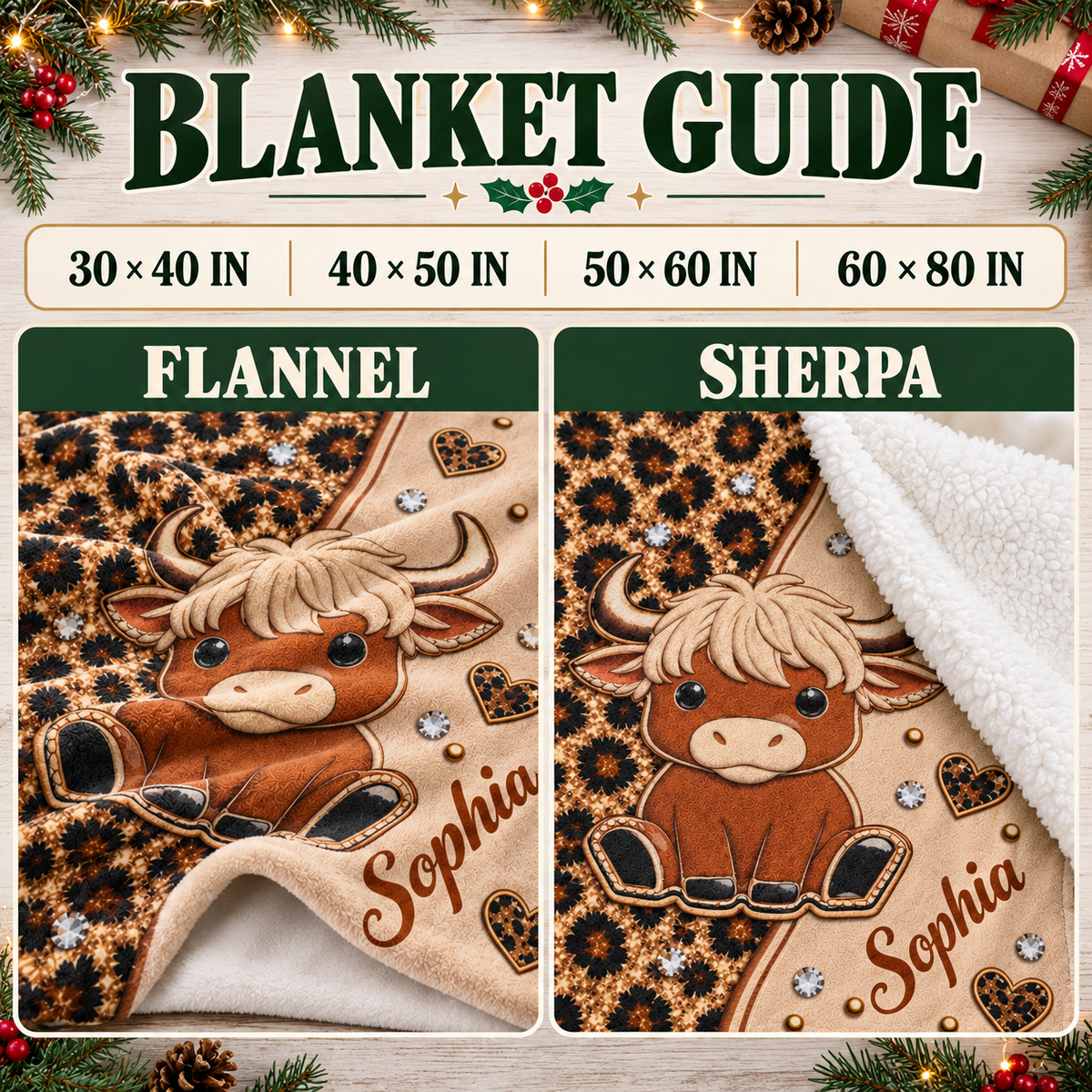 Blanket guide showing size dimensions and flannel versus sherpa fabric options.