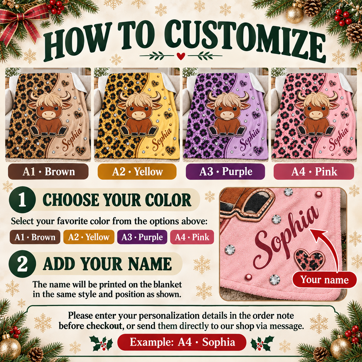 An instruction guide for customizing the blanket with color choices and personalized names.
