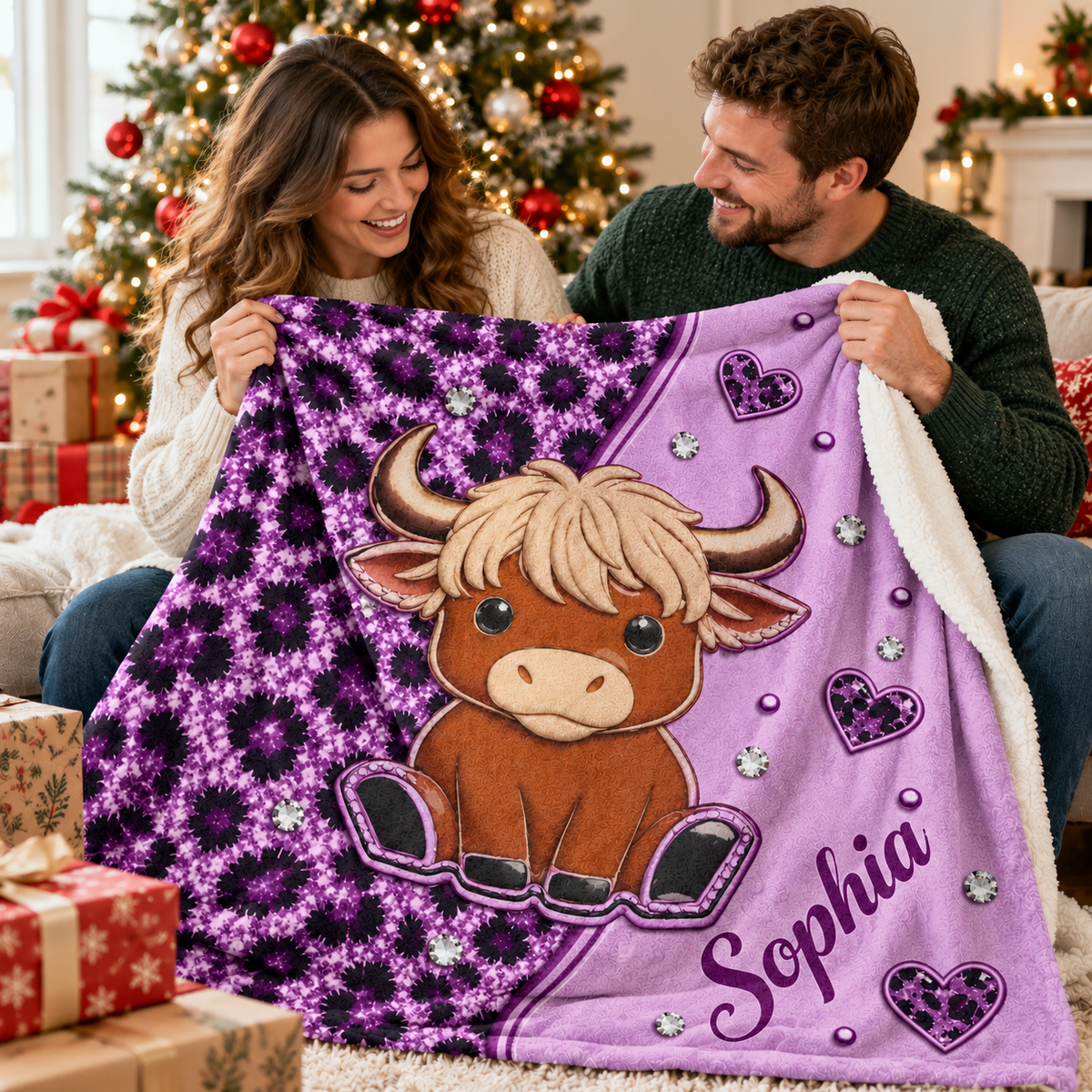 A smiling couple holds up a custom plush sherpa blanket featuring a cute cartoon highland cow, purple leopard print, and the