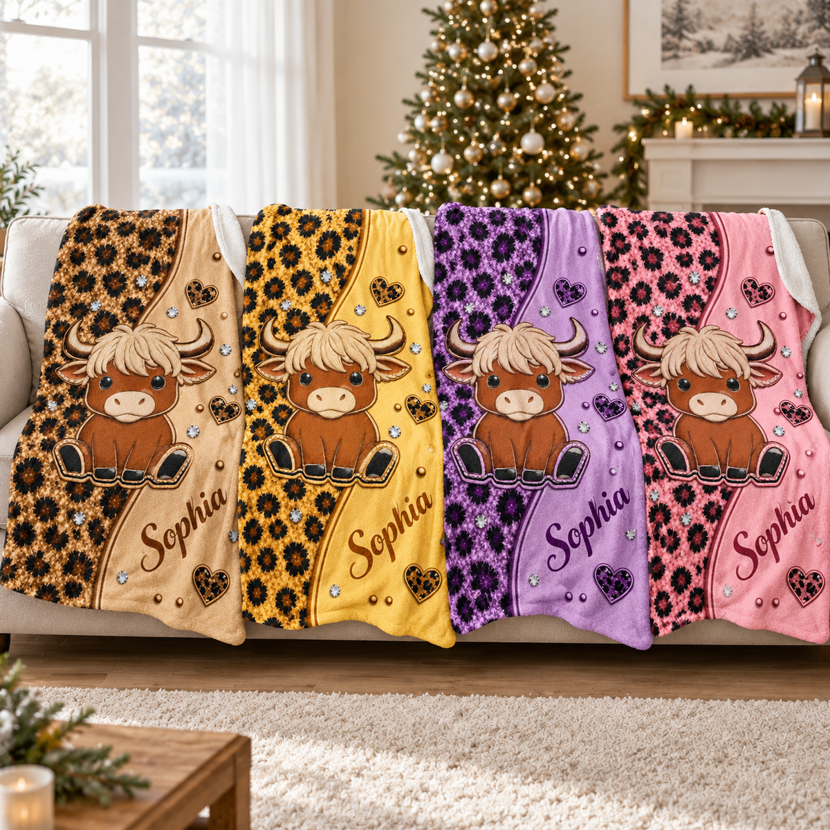 Four plush fleece blankets with highland cow and leopard print designs in brown, yellow, purple, and pink.