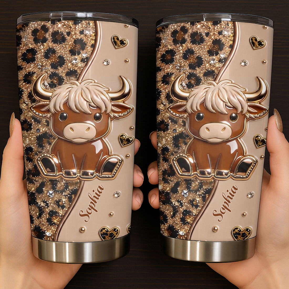 Customer in Austin, Texas wearing Cute Highland Cow Leopard Print Tumbler, Personalized 3D Effect Farmhouse Travel Cup Gift for Women