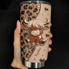 Close-up of Cute Highland Cow Leopard Print Tumbler, Personalized 3D Effect Farmhouse Travel Cup Gift for Women for streetwear fans in Austin, Texas