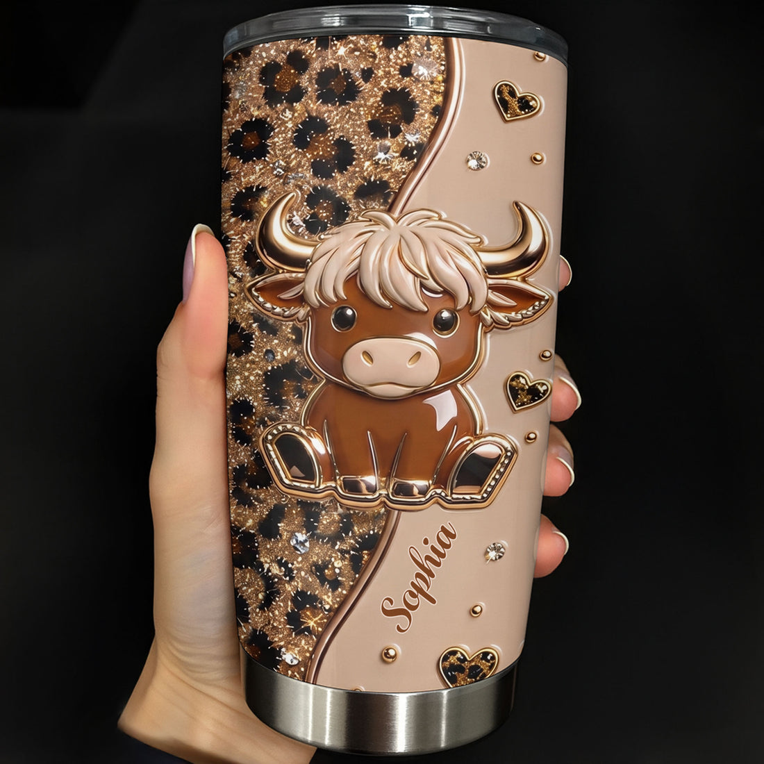 Close-up of Cute Highland Cow Leopard Print Tumbler, Personalized 3D Effect Farmhouse Travel Cup Gift for Women for streetwear fans in Austin, Texas