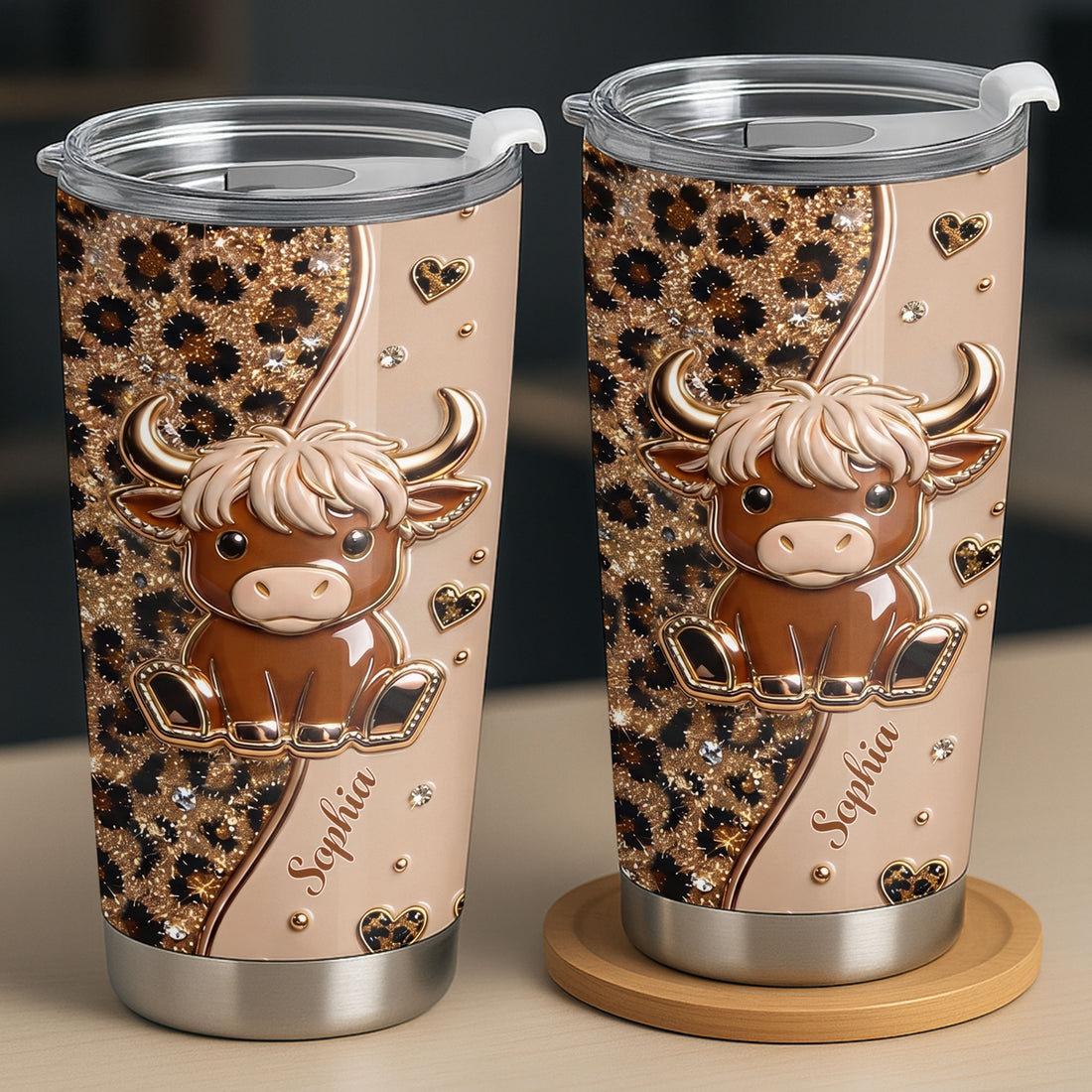 Close-up of Cute Highland Cow Leopard Print Tumbler, Personalized 3D Effect Farmhouse Travel Cup Gift for Women for streetwear fans in Austin, Texas