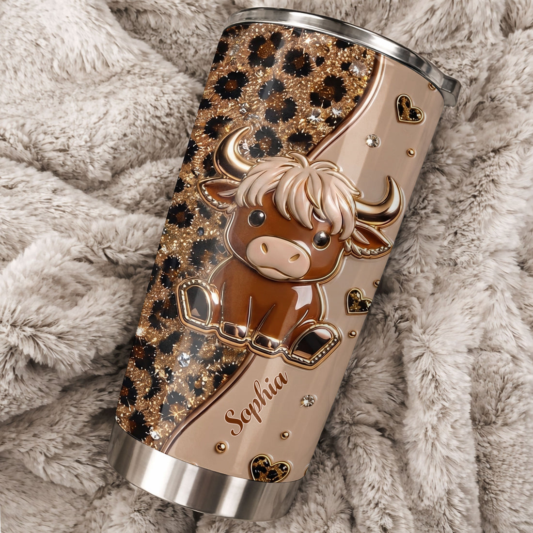 Customer in Austin, Texas wearing Cute Highland Cow Leopard Print Tumbler, Personalized 3D Effect Farmhouse Travel Cup Gift for Women
