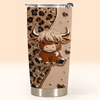 Close-up of Cute Highland Cow Leopard Print Tumbler, Personalized 3D Effect Farmhouse Travel Cup Gift for Women for streetwear fans in Austin, Texas
