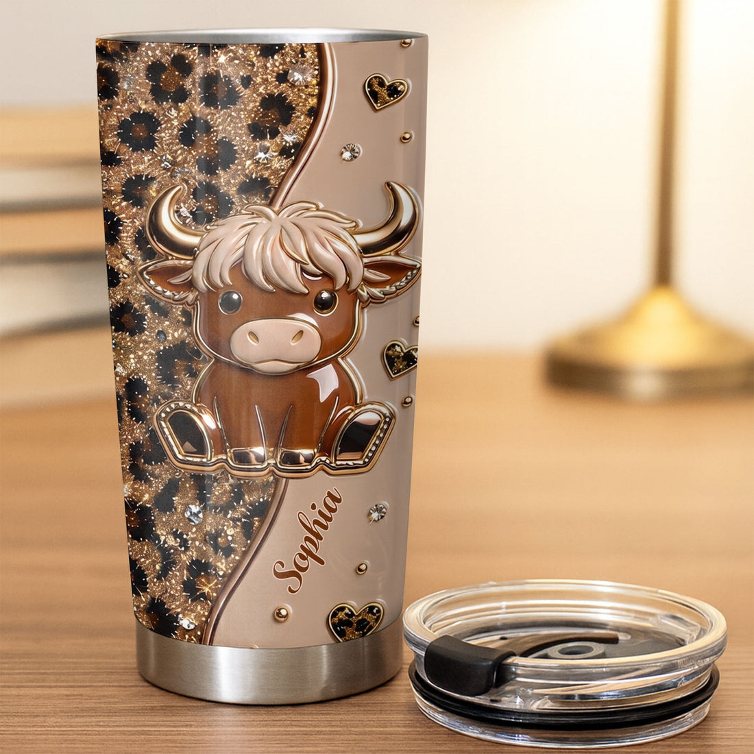 Cute Highland Cow Leopard Print Tumbler, Personalized 3D Effect Farmhouse Travel Cup Gift for Women available at our Austin, Texas warehouse