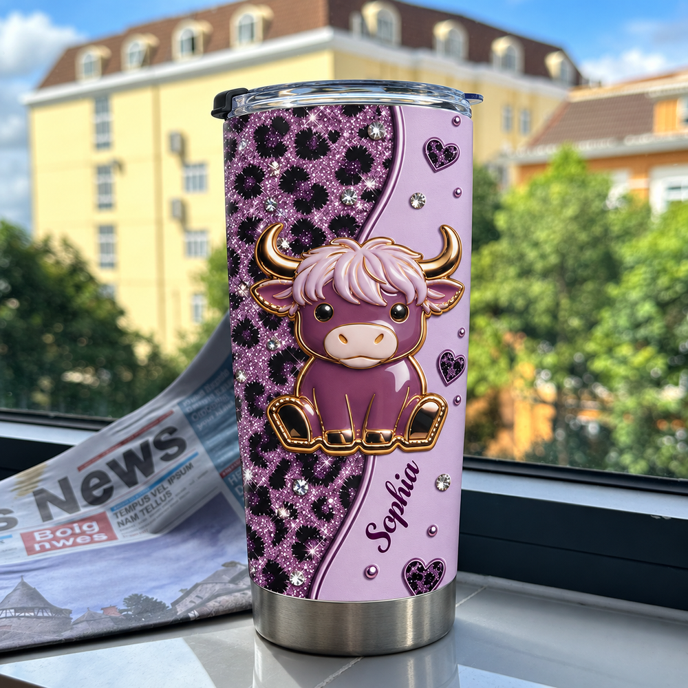 A custom name tumbler featuring purple glitter leopard print and a cartoon highland cow with pink hair, placed near a window