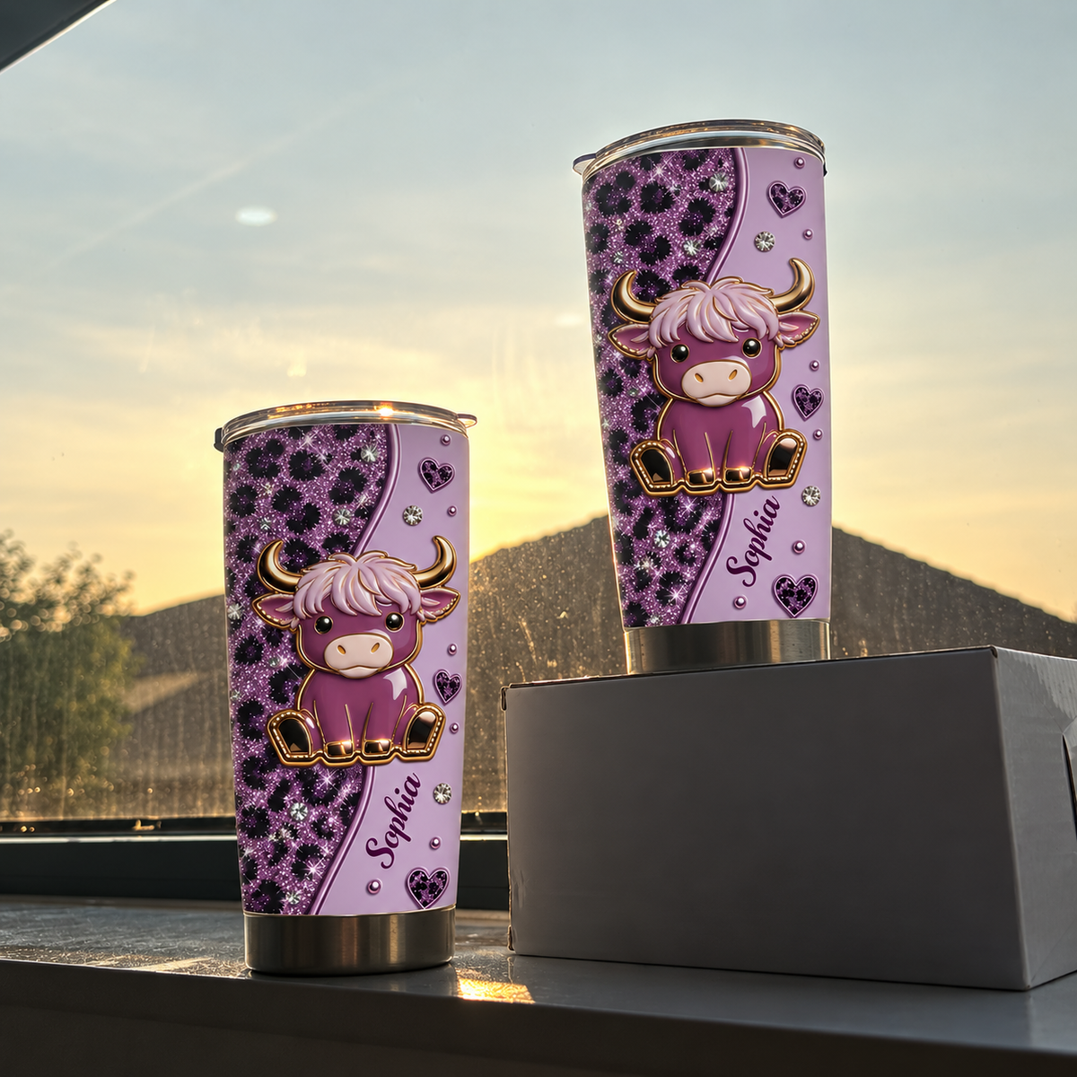 Two stainless steel tumblers with cute purple cow design and sparkly accents, displayed on a windowsill during sunset with