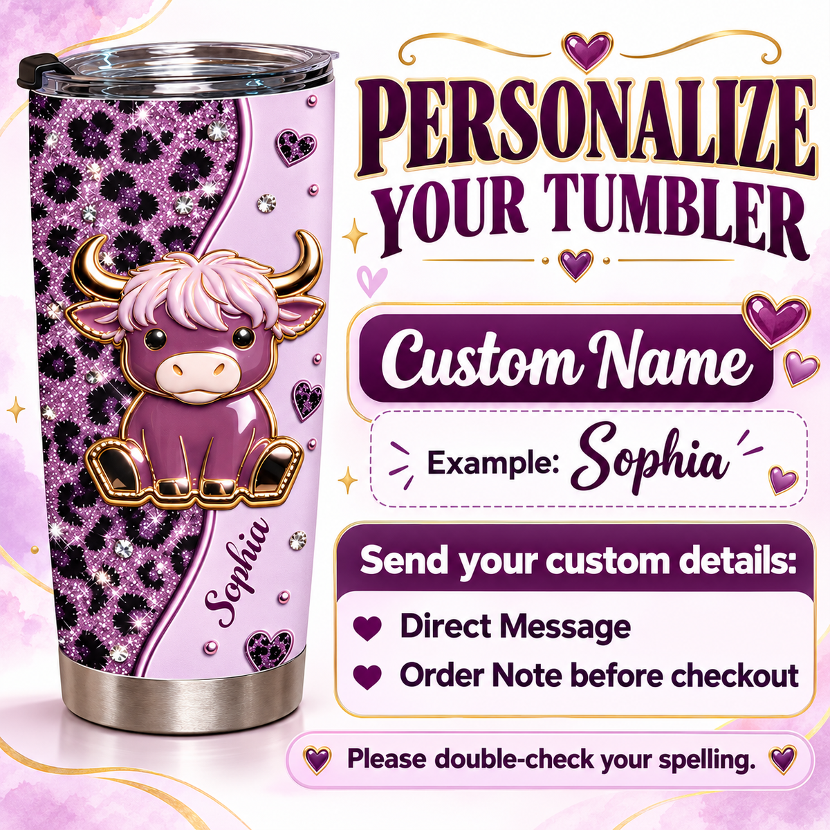 A promotional graphic showing the personalized tumbler alongside instructions and text boxes explaining how to add a custom