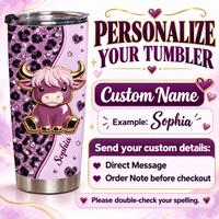 A promotional graphic showing the personalized tumbler alongside instructions and text boxes explaining how to add a custom