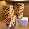 Cute Highland Cow Leopard Print Tumbler Personalized Stainless Steel Cup for Animal Lovers Country W on a hanger, ready to ship from Austin, Texas