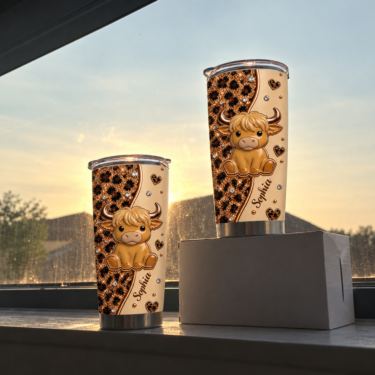 A Highland Cow Leopard Print Tumbler displayed on a box near a window with a sunset view outside.