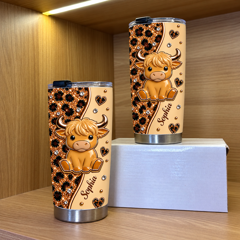 Cute Highland Cow Leopard Print Tumbler Personalized Stainless Steel Cup for Animal Lovers Country W available at our Austin, Texas warehouse
