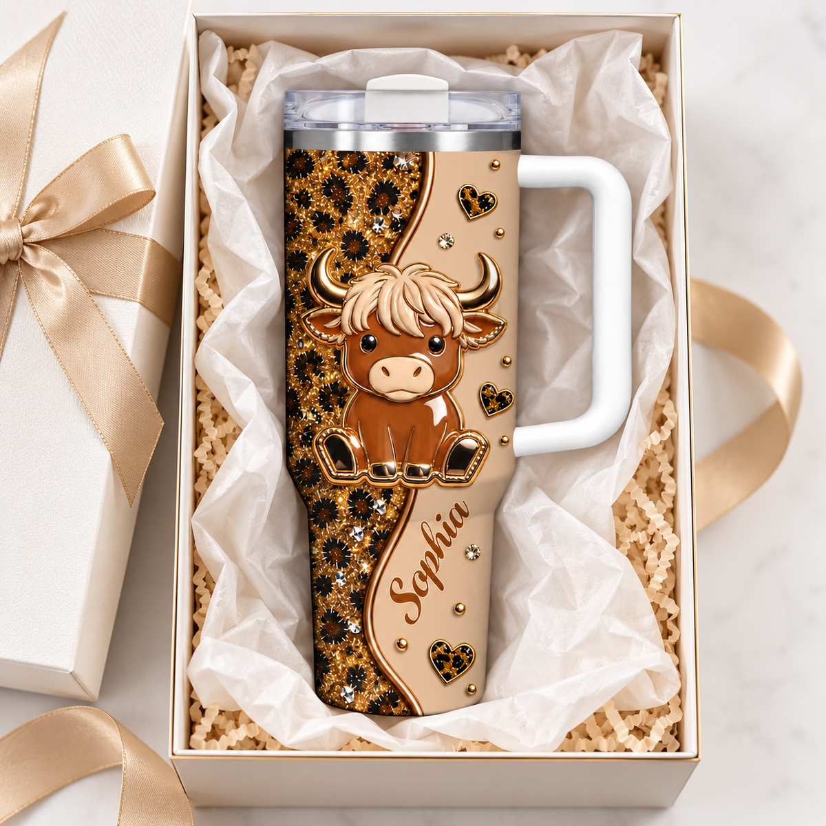 A 40oz personalized highland cow leopard print tumbler inside an open gift box with tissue paper and a gold ribbon.