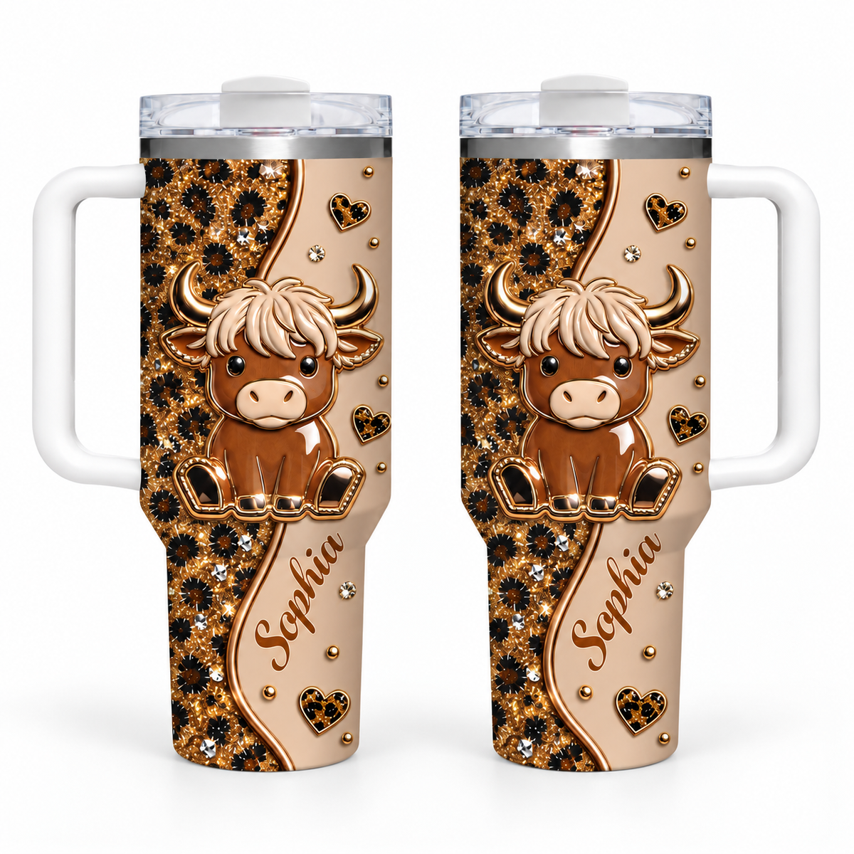 Two 40oz custom name tumblers with handles shown side by side, displaying a cute baby highland cow and leopard print.