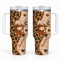 Two 40oz custom name tumblers with handles shown side by side, displaying a cute baby highland cow and leopard print.