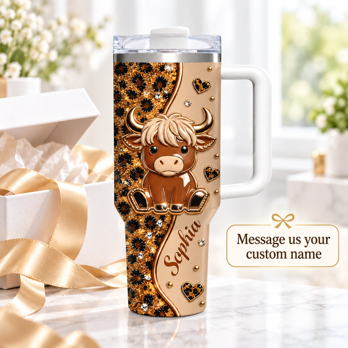 A 40oz custom name tumbler with a handle standing next to a gift box, featuring a baby highland cow and leopard print.