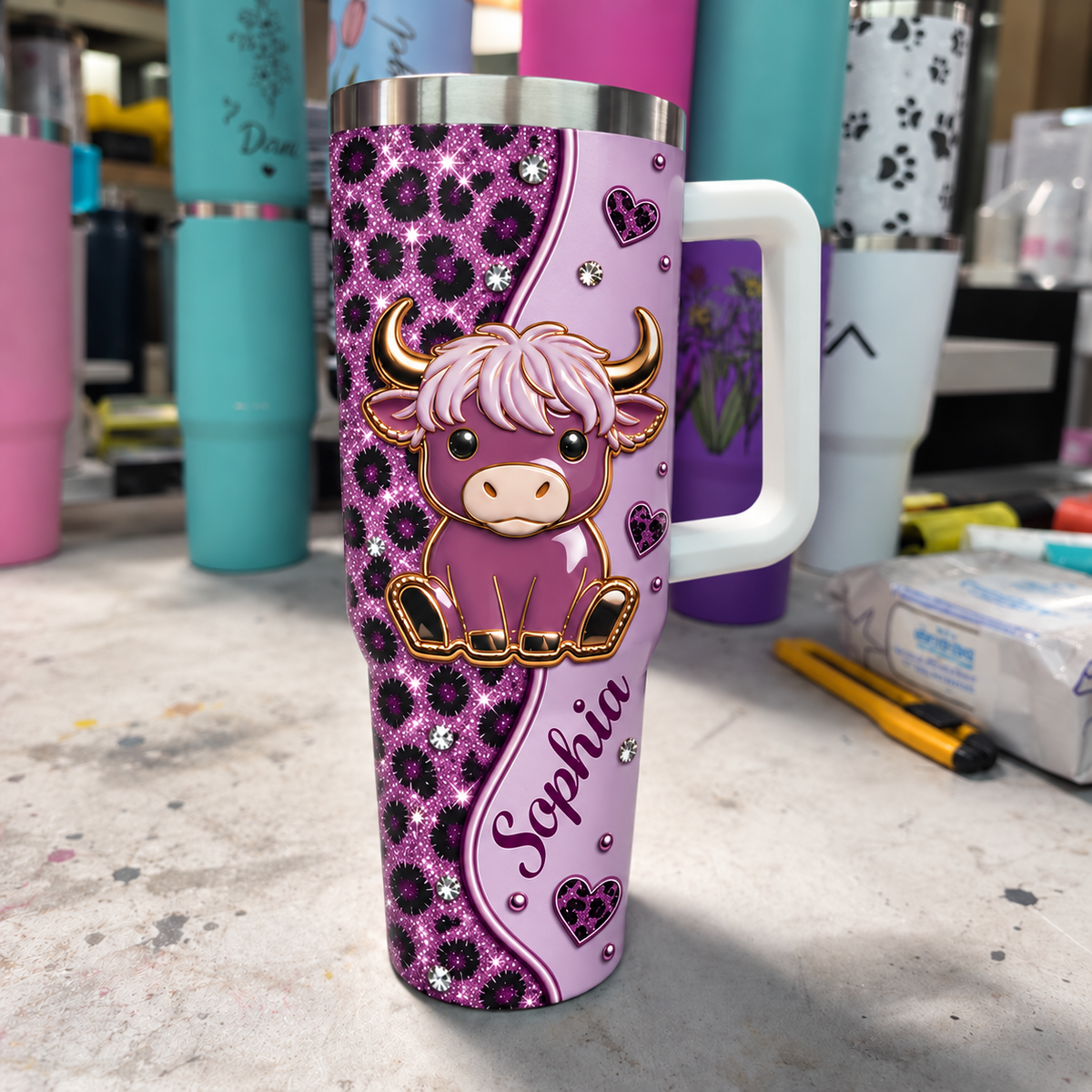 A 40oz custom name tumbler with a purple leopard print design and a cute baby highland cow on a workshop table.