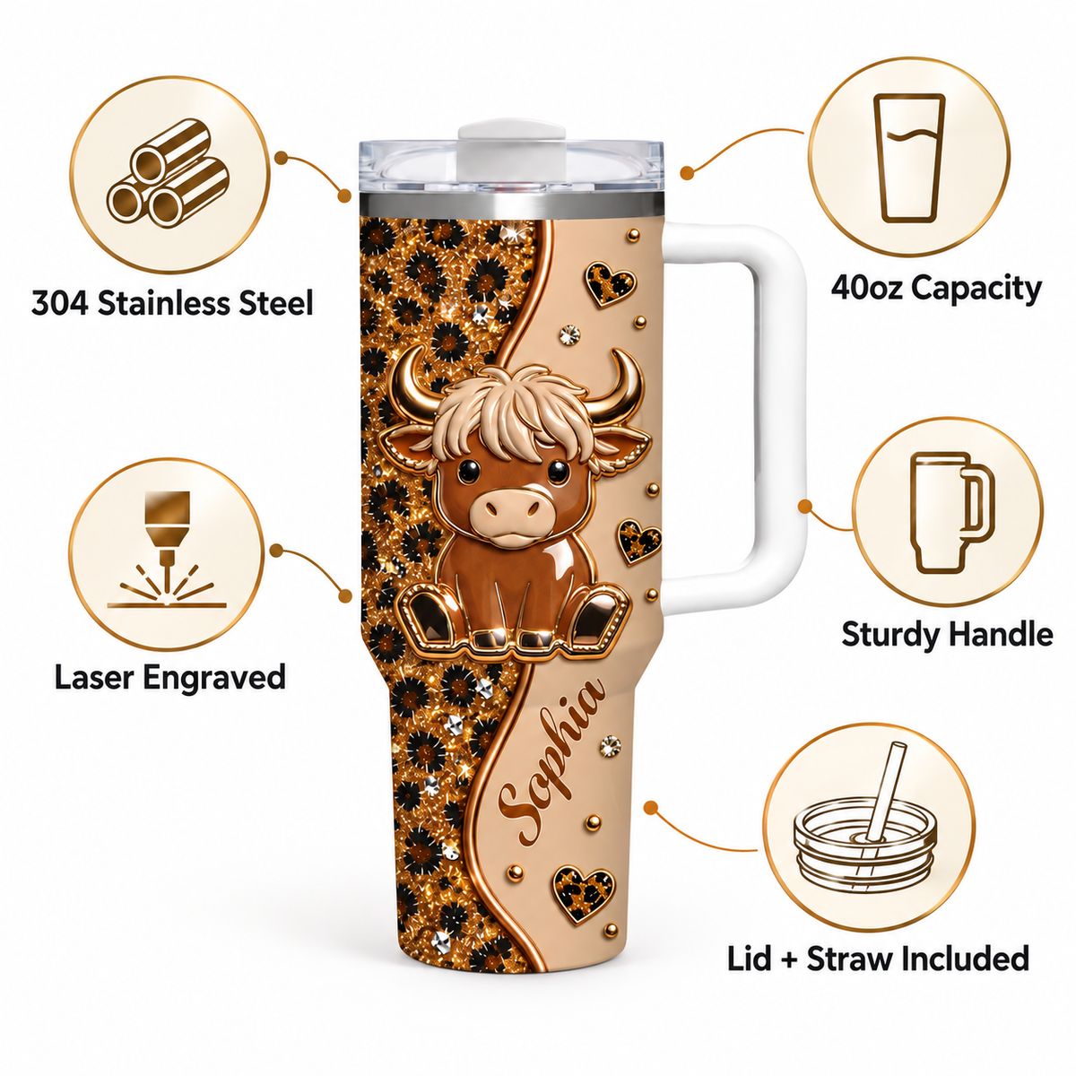 40oz insulated stainless steel tumbler with handle featuring a cute cartoon highland cow, leopard print, and custom name