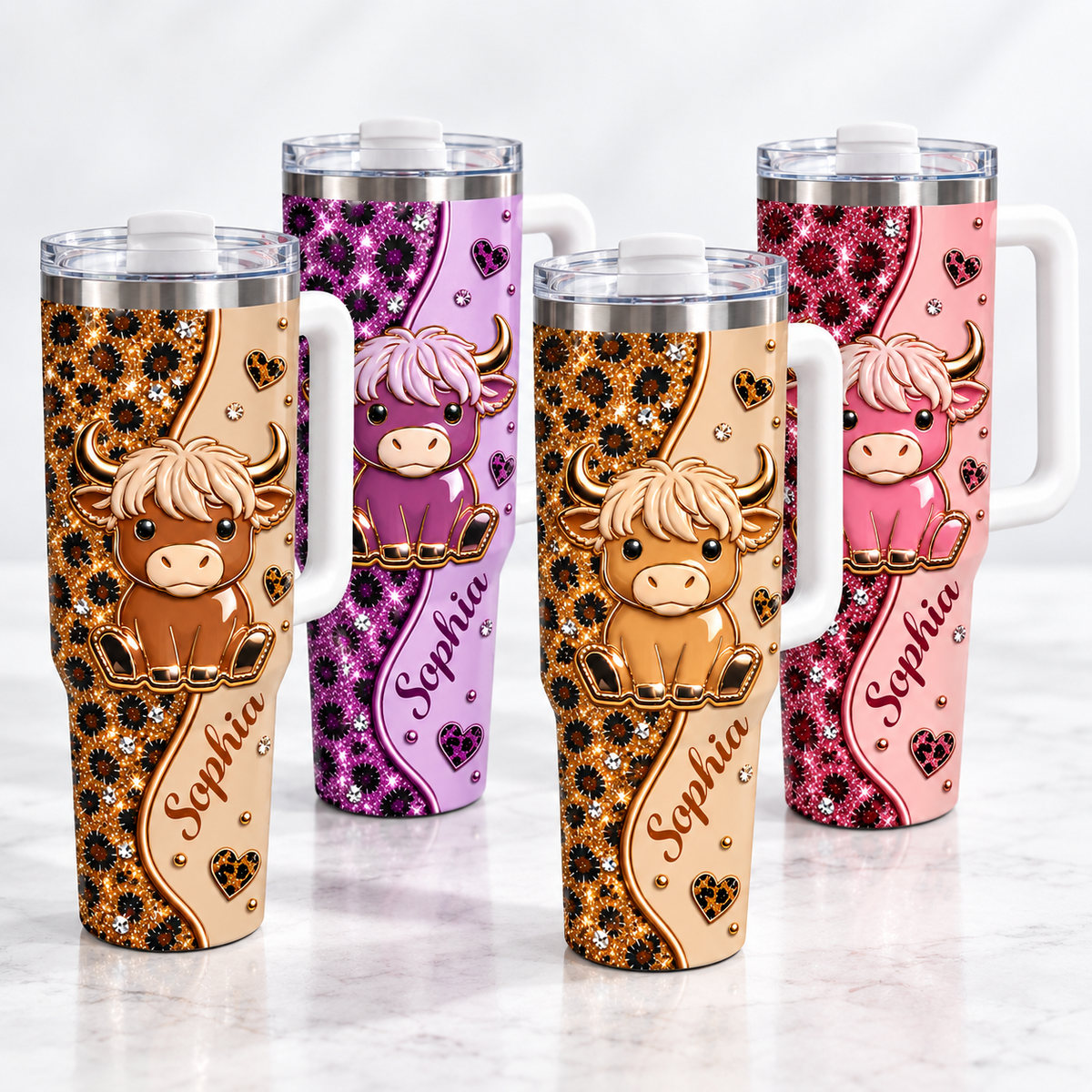 Four 40oz stainless steel tumblers with handles featuring brown, purple, pink, and tan leopard print and baby highland cows.