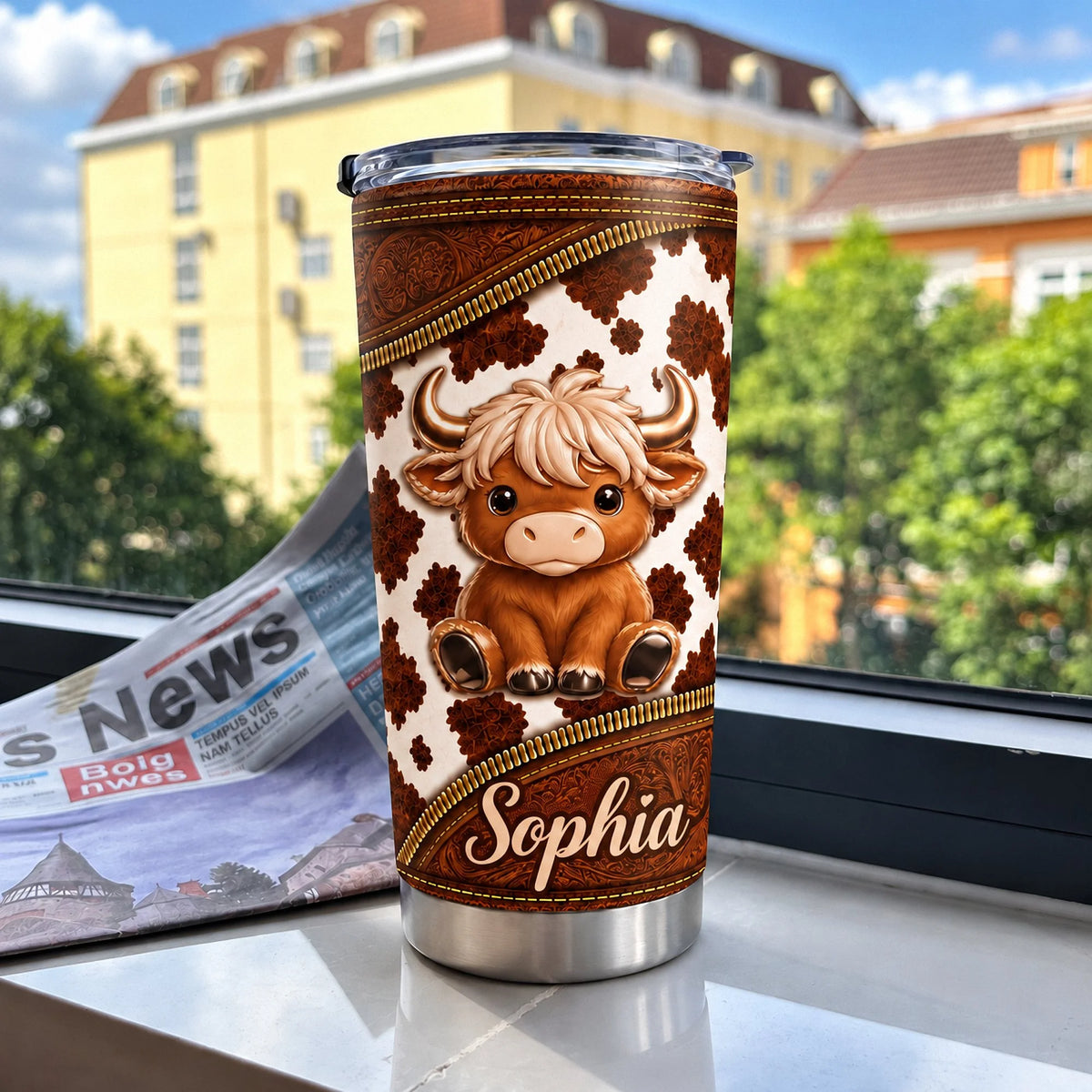Personalized stainless steel travel mug featuring a cute Highland cow standing near a window with a newspaper