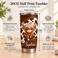 Infographic detailing features of the cute Highland cow tumbler including double-wall insulation and splash-proof lid