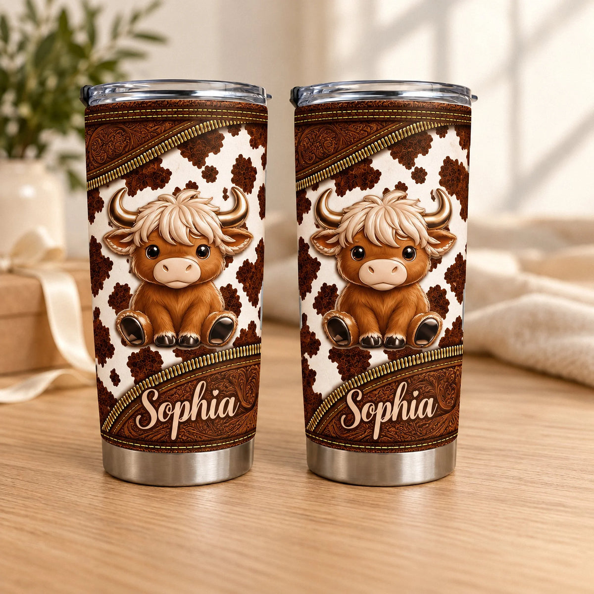 Two stainless steel tumblers with cute Highland cow graphic, cow print, and custom name Sophia on a wooden table.